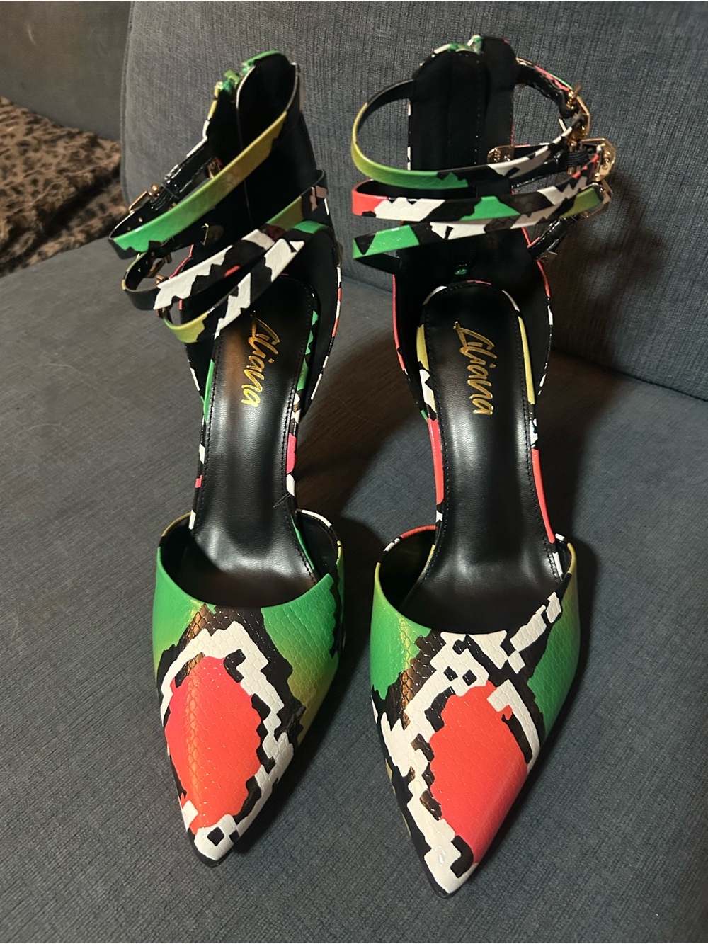 Gorgeous Green & Coral Pointed Toe Ankle Strap Pumps